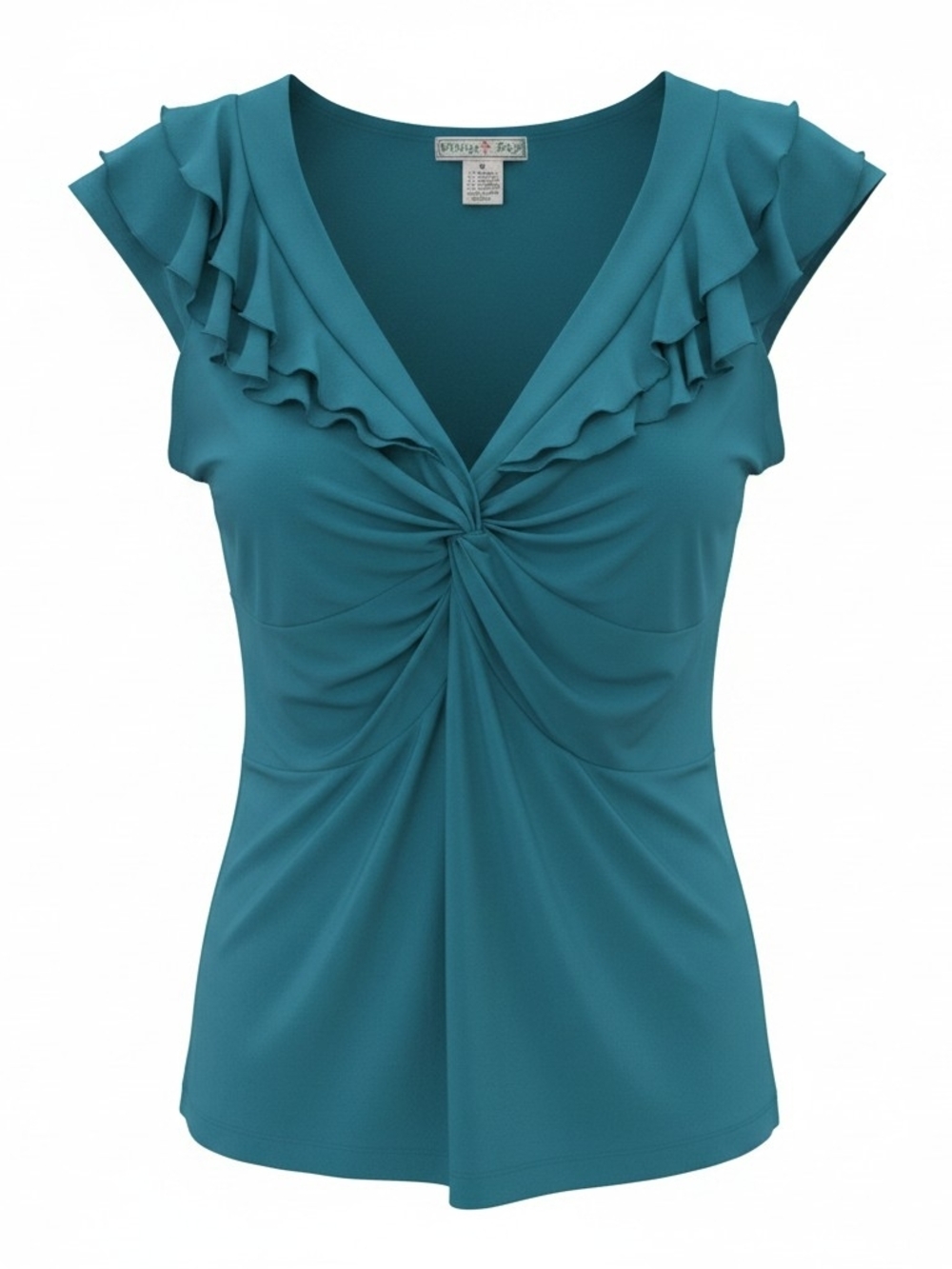 Vintage Suzie Teal Twist-Front Ruffle V-Neck Camisole